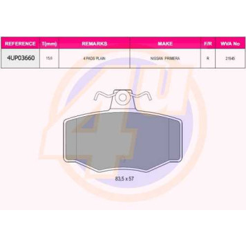 Колодки зад NISSAN PRIMERA 1.6-2.0/2.0TD 90-02/ALMERA N16 00-04 <b>4U 4UP03660</b>