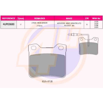 Колодки зад PGT 406 2.02.21.9TD2.0HD2.1TD607ALL 95- (с 2 датчиками) <b>4U 4UP03680</b>