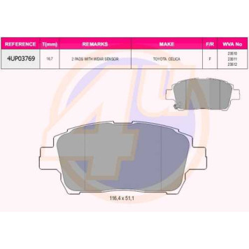 Колодки пер TOY COROLLAVERSOPRIUS 1.4-1.8 WT-I 02- (с 2 датчиками) <b>4U 4UP03769</b>
