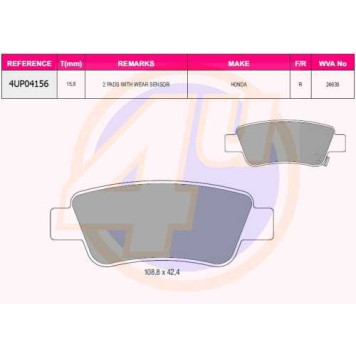 Колодки зад HON CR-V III 2.0/2.2D 07- (с 2 датчиками) <b>4U 4UP04156</b>