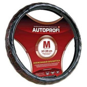 Оплетка на руль Autoprofi AP-156 BK M натур.кожа черная + "крокодил