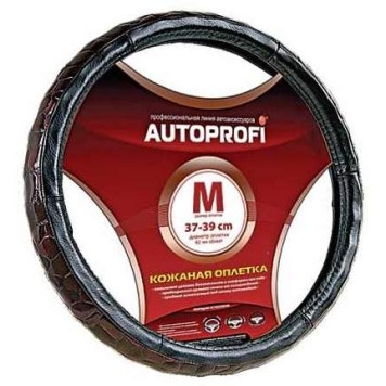 Оплетка на руль Autoprofi AP-156 BK M натур.кожа черная + "крокодил