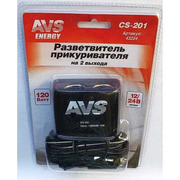 Разветвитель прикуривателя 2 гнезда AVS CS201 (двойник) с удлинителем-1