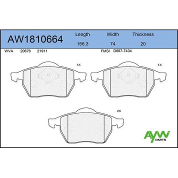 Колодки тормозные передние AUDI A3 1,8 12/96-05/03, SKODA Octavia 09/96-12/10, VW Bora 2,3 V5 10/98-10/00, Golf III 1,6/2,0 09/92-08/97, Golf IV 2,3 V5 4motion 12/98-10/00 <b>AYWIPARTS AW1810664</b>-1