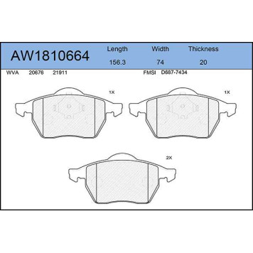 Колодки тормозные передние AUDI A3 1,8 12/96-05/03, SKODA Octavia 09/96-12/10, VW Bora 2,3 V5 10/98-10/00, Golf III 1,6/2,0 09/92-08/97, Golf IV 2,3 V5 4motion 12/98-10/00 <b>AYWIPARTS AW1810664</b>