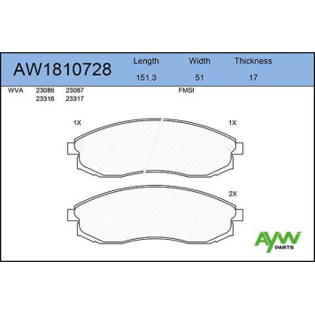 Колодки тормозные передние MITSUBISHI L200 06/96-12/07, NISSAN Maxima QX 02/95-08/00, Maxima Station Wagon 10/97> <b>AYWIPARTS AW1810728</b>-1