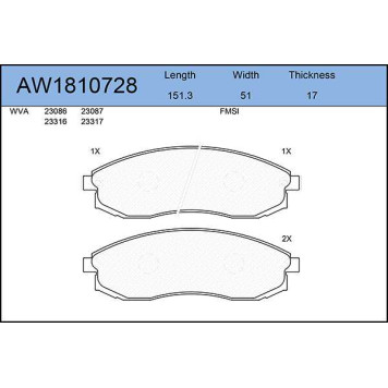 Колодки тормозные передние MITSUBISHI L200 06/96-12/07, NISSAN Maxima QX 02/95-08/00, Maxima Station Wagon 10/97> <b>AYWIPARTS AW1810728</b>