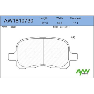 Колодки тормозные передние TOYOTA Corolla 1,4/1,6 04/97-01/02 <b>AYWIPARTS AW1810730</b>-1