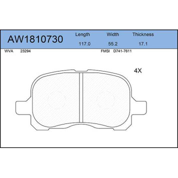 Колодки тормозные передние TOYOTA Corolla 1,4/1,6 04/97-01/02 <b>AYWIPARTS AW1810730</b>