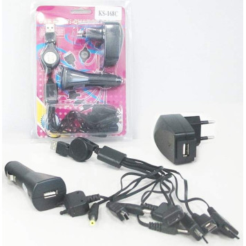 Зарядное устройство от прикуривателя KS-168c универсальное 10 видов штекеров + USB, 1A, черное