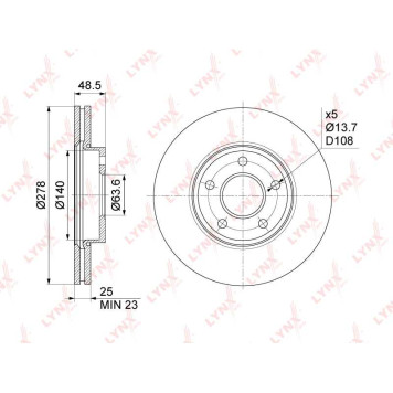 Диск тормозной передний (278x25) FORD Focus II 1.4-2.0D 04-12 / C-Max 1.6-2.0D 03-10, VOLVO C30 1.6-2.5 06-12 / S40 II 1.6-2.5 04-12 <b>LYNXAUTO BN-1024</b>