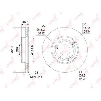 Диск тормозной передний (288x25) подходит для MB C200K-280(W202/3) 95-07 / E200-320(W210) 95-03 <b>LYNXAUTO BN-1081</b>