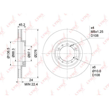 Диск тормозной передний (276x24) подходит для MITSUBISHI Pajero II 2.4-3.5 90-00 / III 2.5D 00-06 / Pajero Sport(K90) 2.5D-3.2D 98> / L200 2.4-3.0 96-07 <b>LYNXAUTO BN-1088</b>-1