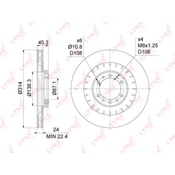 Диск тормозной передний (314x24) подходит для MITSUBISHI Pajero II-III 2.5D 90-06 / Pajero Sport(K90) 2.5D-3.0 98> / L200 2.8D 03-07 <b>LYNXAUTO BN-1096</b>