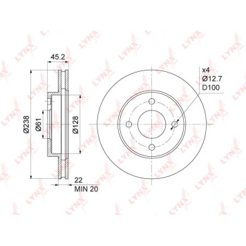 Диск тормозной передний (237,5x22) подходит для NISSAN AD(Y11) 1.5-1.8 99-05 <b>LYNXAUTO BN-1114</b>