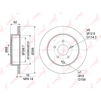 Диск тормозной задний (308x16) подходит для NISSAN Murano(Z50/1) 2.5D-3.5 03-14 / Elgrand(E51/2) 3.0D-3.5 03>, INFINITI EX25-37 07> / FX30D-50(S50/1) 03> / G25-37 02> / M25-56(Y50/1) 10> / <b>LYNXAUTO BN-1116</b>-1