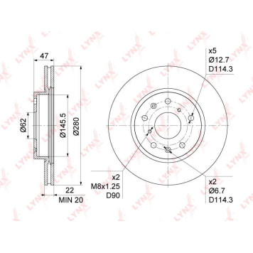 Диск тормозной передний (279,5x22) подходит для SUZUKI SX4 1.5-2.0D (Hungary) 06>, FIAT Sedici 1.6-2.0D 06> <b>LYNXAUTO BN-1134</b>-1