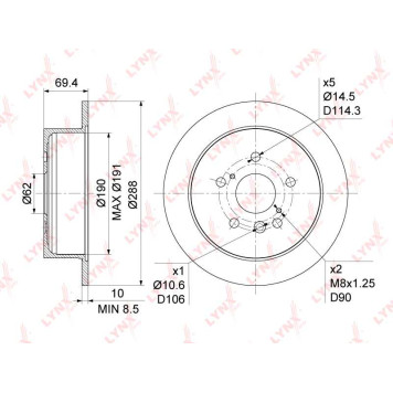Диск тормозной задний (288x10) подходит для LEXUS RX300-400h 03-08, TOYOTA Harrier 2.4-3.5 03-08 / Highlander 3.3 03-07 <b>LYNXAUTO BN-1143</b>