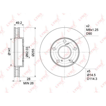 Диск тормозной передний (255x28) подходит для TOYOTA Camry(V1/20) 2.2-3.0 91-01 / Picnic 2.0-2.2D 96-01 <b>LYNXAUTO BN-1150</b>-1