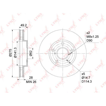 Диск тормозной передний (275x28) подходит для TOYOTA Avensis Verso 2.0-2.4 01-09 / Camry(V1-30) 2.2-3.0 91-06 / Estima/Previa 2.0-3.0 00-06, LEXUS ES 3.0 91-06 <b>LYNXAUTO BN-1152</b>-2
