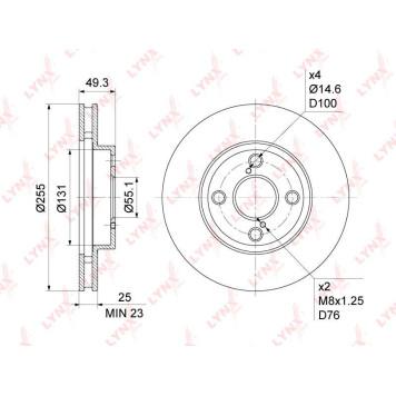 Диск тормозной передний (255x25) TOYOTA Corolla(E12) 1.3-1.8 01-07 / Corolla Verso 1.8 01-04 <b>LYNXAUTO BN-1161</b>-1