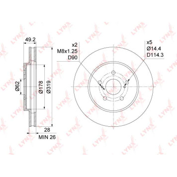 Диск тормозной передний (319x28) LEXUS RX300-400h 03-08, TOYOTA Harrier 2.4-3.5 03-08 / Highlander 3.3 03-07 <b>LYNXAUTO BN-1163</b>-1