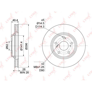Диск тормозной передний (296x28) подходит для TOYOTA Camry(V30) 2.4-3.0 01-06 / Harrier 2.2-3.0 97-03 <b>LYNXAUTO BN-1176</b>-2