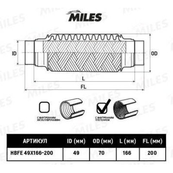 Гофра глушителя (виброкомпенсатор) 49X166-200мм с выпусками InnerBraid MILES HBFE49X166-200