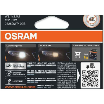 Лампа (LS13) светодиодная T10 W5W (W2,1x9,5d) б/ц (1 шт) белая 12V 6000К 0,8W OSRAM 2825DWP-2