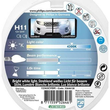 Лампы H11 12V 55W PGJ19-2 4300K(2шт) PHILIPS 12362CVSM (серия CrystalVision)-1