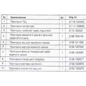 Набор прокладок ДВС ВАЗ 2190 дв.1.6 (8V) <b>TRIALLI GZ 101 7028</b>-1