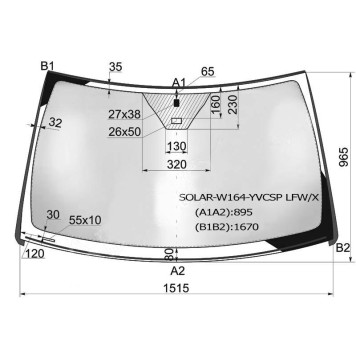 Стекло лобовое атермальное в клей MERCEDES-BENZ ML-CLASS W164 2005- / GL-CLASS X164 2006- (Sol <b>XYG SOLAR-W164-YVCSP LFW/X</b>
