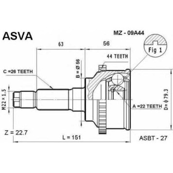 Шрус наружний 22x56x26 (гарантия 6 месяцев) [12] <b>ASVA MZ09A44</b>