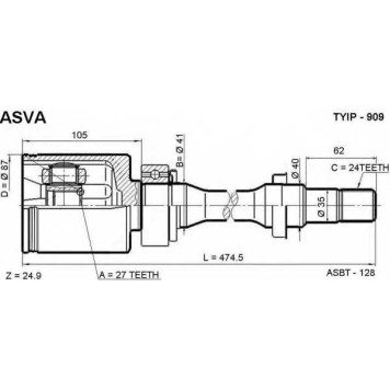 Шрус внутренний правый 27x41x24 TOYOTA CAMRY MCV30 43030-06070/ 43030-33050/ 43030-33051/ 43030-33 [12] <b>ASVA TYIP909</b>
