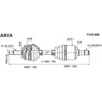 Привод левый 24X690X26 12 <b>ASVA TYXD909</b>