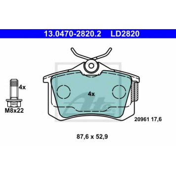Колодки тормозные дисковые для AUDI A1, A3, A4, A6, A8, TT / SKODA FABIA, OCTAVIA, RAPID, ROOMSTER, SUPERB, YETI / VW BORA, CADDY, EOS, GOLF, NEW BEETLE, PASSAT, POLO, SCIROCCO <b>ATE 13.0470-2820.2 / LD2820</b>