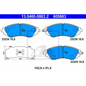 Колодки тормозные дисковые для CHEVROLET LACETTI(J200), NUBIRA / DAEWOO GENTRA, LACETTI(J200,KLAN), NUBIRA(KLAJ,KLAN) <b>ATE 13.0460-5863.2 / 605863</b>