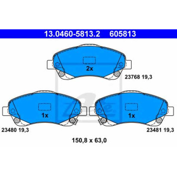 Колодки тормозные дисковые для TOYOTA AVENSIS(T25,T25#), COROLLA(R1#,ZER#,ZZE12#) <b>ATE 13.0460-5813.2 / 605813</b>