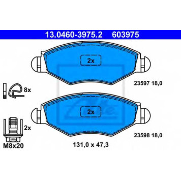 Колодки тормозные дисковые для PEUGEOT 206(2A/C,2E/K,T3E), 306(7A,7B,7C,N3,N5) <b>ATE 13.0460-3975.2 / 603975</b>