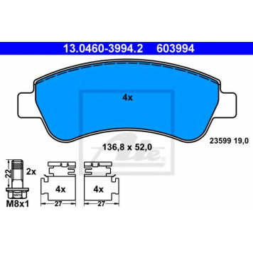 Колодки тормозные дисковые для CITROEN BERLINGO, C-ELYSEE, C2, C3, C4 CACTUS, C4, DS3, XSARA / PEUGEOT 1007, 2008, 206, 207, 208, 301, 307, PARTNER <b>ATE 13.0460-3994.2 / 603994</b>