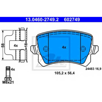 Колодки тормозные дисковые для AUDI A6, Q3 / VW CC, GOLF, PASSAT, SHARAN, TIGUAN <b>ATE 13.0460-2749.2 / 602749</b>