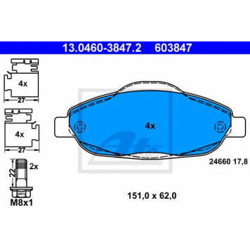 Колодки тормозные дисковые для PEUGEOT 3008, 308(4A#,4C#) <b>ATE 13.0460-3847.2 / 603847</b>