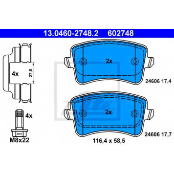 Колодки тормозные дисковые для AUDI A4(8K2,8K5,B8), A5(8F7,8T3,8TA), Q5(8R) <b>ATE 13.0460-2748.2 / 602748</b>