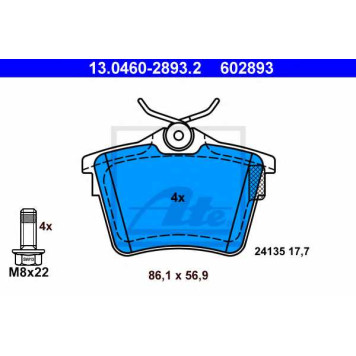 Колодки тормозные дисковые для CITROEN C5(RD#,TD#) / PEUGEOT 407(6C#,6D#,6E#), 607(9D,9U) <b>ATE 13.0460-2893.2 / 602893</b>