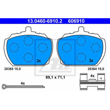 Колодки тормозные дисковые для FORD TRANSIT(71E,72E,73E,74E,T# #,V# #) <b>ATE 13.0460-6910.2 / 606910</b>