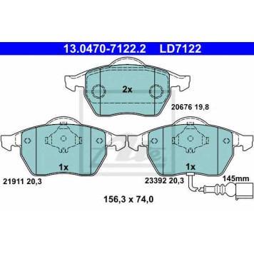 Колодки тормозные дисковые для AUDI A3, TT / SKODA OCTAVIA / VW BORA, GOLF, NEW BEETLE, POLO <b>ATE 13.0470-7122.2 / LD7122</b>