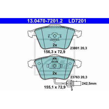 Колодки тормозные дисковые для AUDI A4(8E2, 8E5, 8EC, 8ED, 8H7, 8HE, B6, B7), A6(4F2, 4F5, 4FH, C6), A8(4E#) <b>ATE 13.0470-7201.2 / LD7201</b>