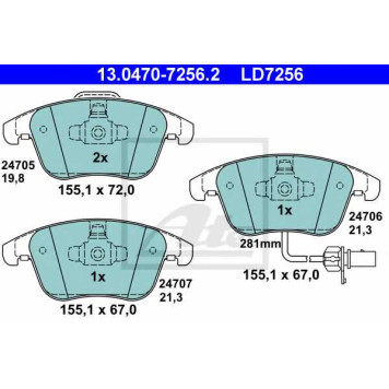 Колодки тормозные дисковые для AUDI A4(8K2,8K5,8KH,B8), A5(8F7,8T3,8TA) <b>ATE 13.0470-7256.2 / LD7256</b>