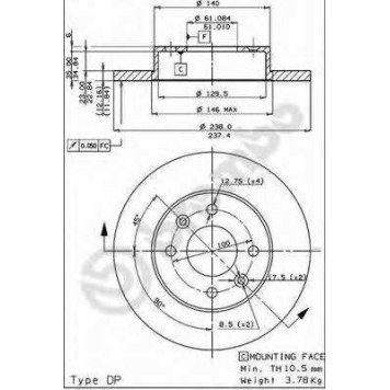 BREMBO 08295814 - диск тормозной передний 08.2958.14 (238х12) 4 отв