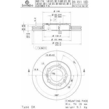 BREMBO 09701111 - диск тормозной передний 09.7011.11 (256х22) 5 отв